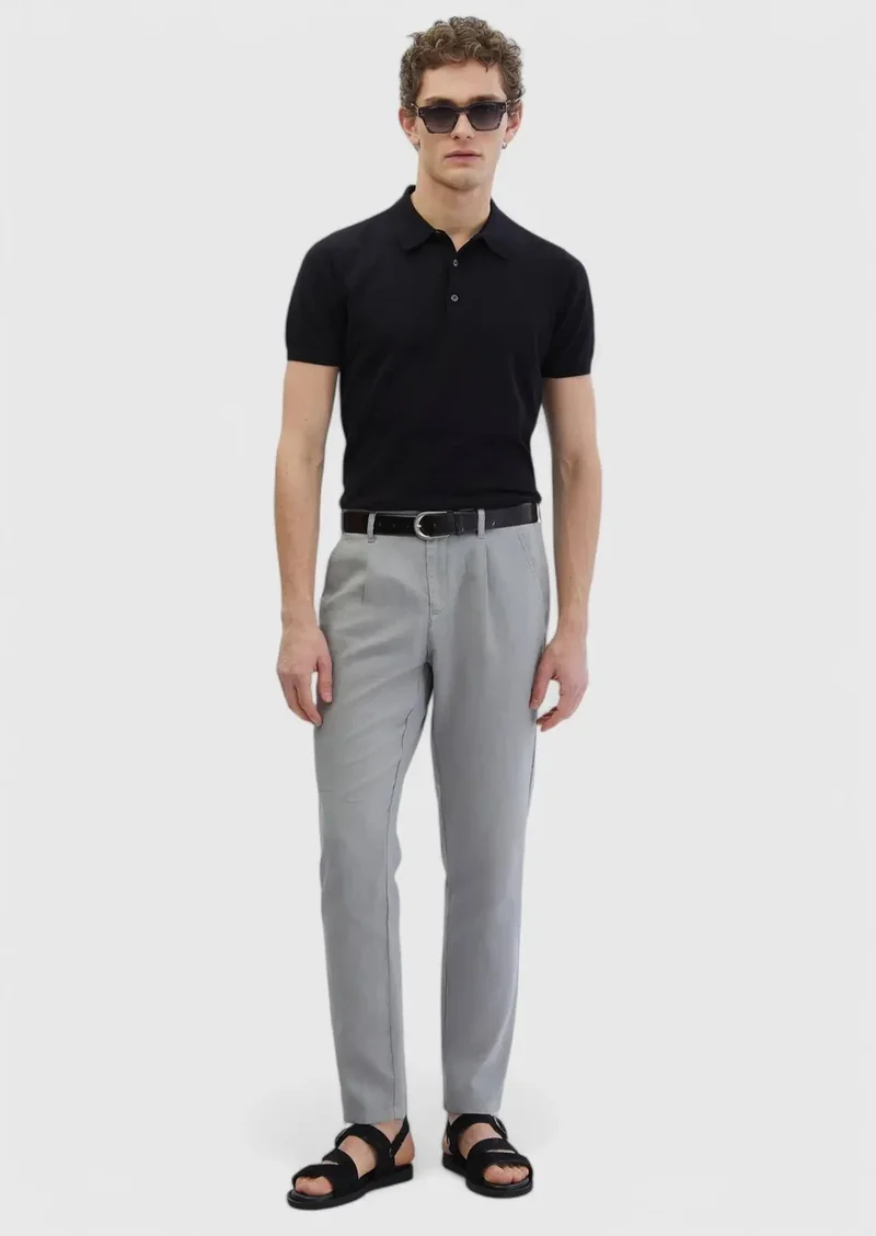 RAMSEY Grey Weaving Jogging Fit Casual 100% Linen Trousers