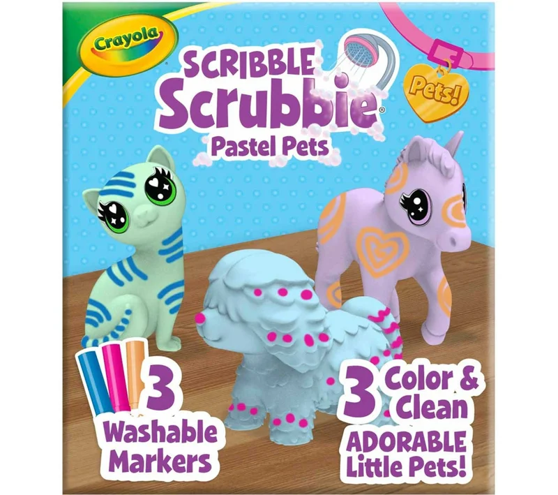 كرايولا Crayola Scribble Scrubbie Pastel Pets, 3 Count – Washable Pet Toy Set with Markers & Brush, Creative Gift for Kids Ages 3+