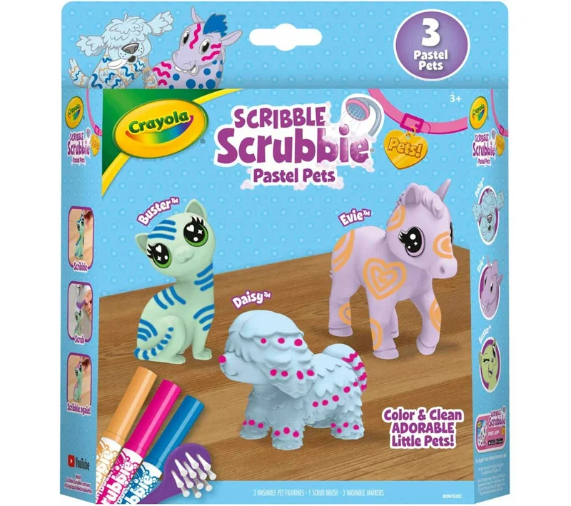 كرايولا Crayola Scribble Scrubbie Pastel Pets, 3 Count – Washable Pet Toy Set with Markers & Brush, Creative Gift for Kids Ages 3+