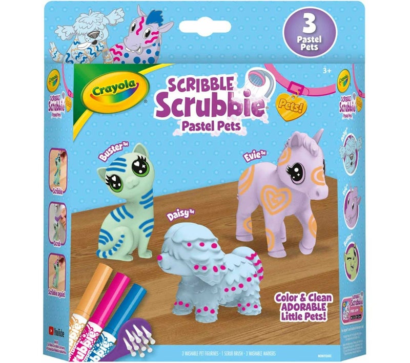 Crayola Scribble Scrubbie Pastel Pets, 3 Count – Washable Pet Toy Set with Markers & Brush, Creative Gift for Kids Ages 3+ - Image 1