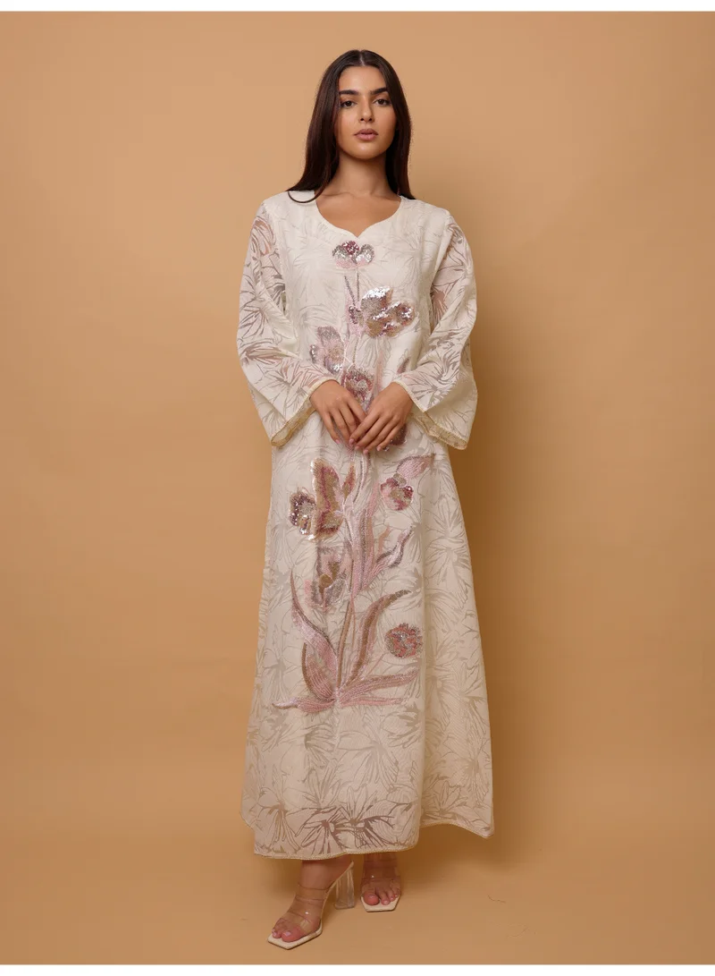 IKKXA  Elegant Sequin Floral Applique Jalabiya  | Best Price UAE