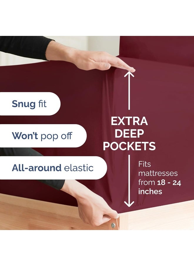 Extra Deep Split King Sheet Set - 7 Piece Breathable & Cooling Sheets - Hotel Luxury Bedding Set 18-24 Inch Extra Deep Pockets - Easy Fit, Super Soft, Wrinkle Free & Comfy - Burgundy, Split King Size