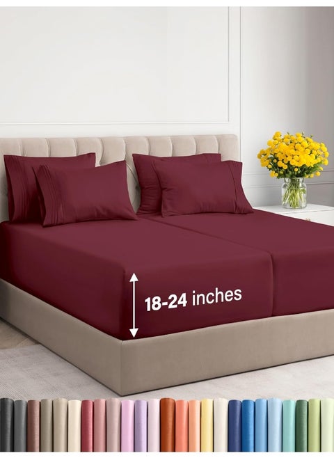Extra Deep Split King Sheet Set - 7 Piece Breathable & Cooling Sheets - Hotel Luxury Bedding Set 18-24 Inch Extra Deep Pockets - Easy Fit, Super Soft, Wrinkle Free & Comfy - Burgundy, Split King Size
