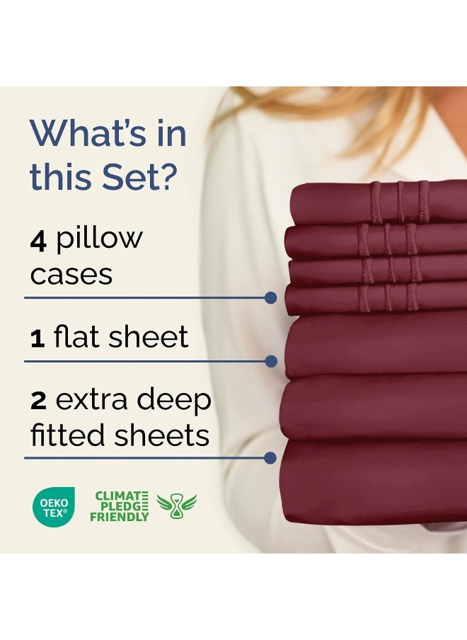 Extra Deep Split King Sheet Set - 7 Piece Breathable & Cooling Sheets - Hotel Luxury Bedding Set 18-24 Inch Extra Deep Pockets - Easy Fit, Super Soft, Wrinkle Free & Comfy - Burgundy, Split King Size