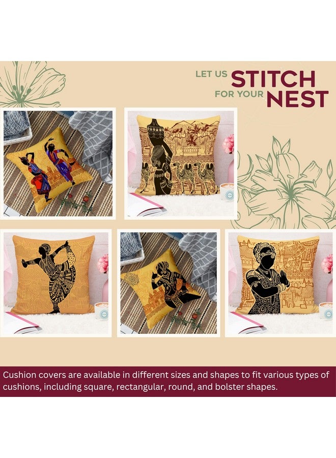 STITCHNEST Set of 5 Jute Cushion Covers - 16x16 Inches - Indian Classical Dance & Heritage Prints - Ethnic Decorative Covers for Sofa & Traditional Home Decor - Image 2