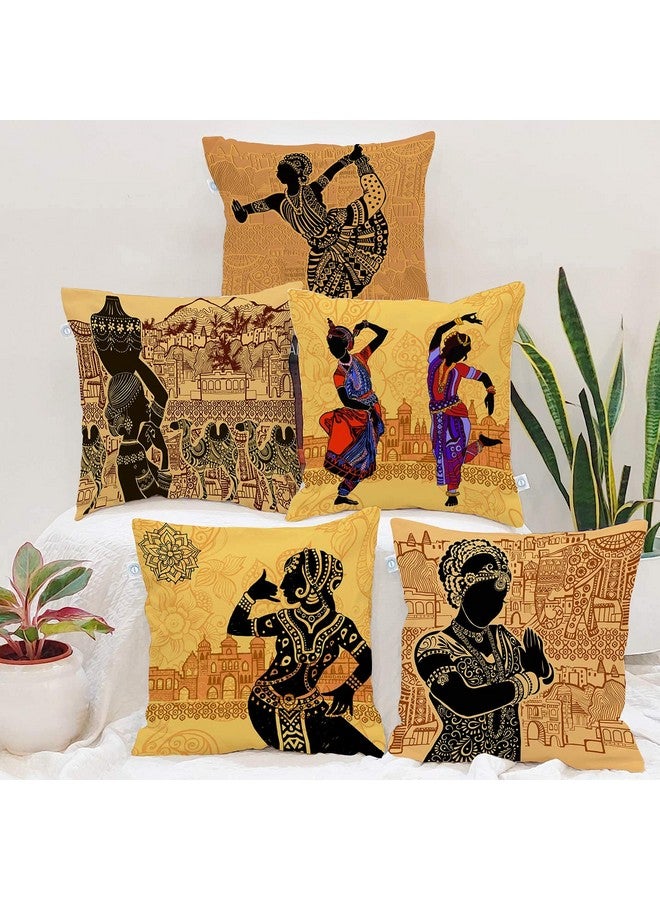 STITCHNEST Set of 5 Jute Cushion Covers - 16x16 Inches - Indian Classical Dance & Heritage Prints - Ethnic Decorative Covers for Sofa & Traditional Home Decor - Image 1