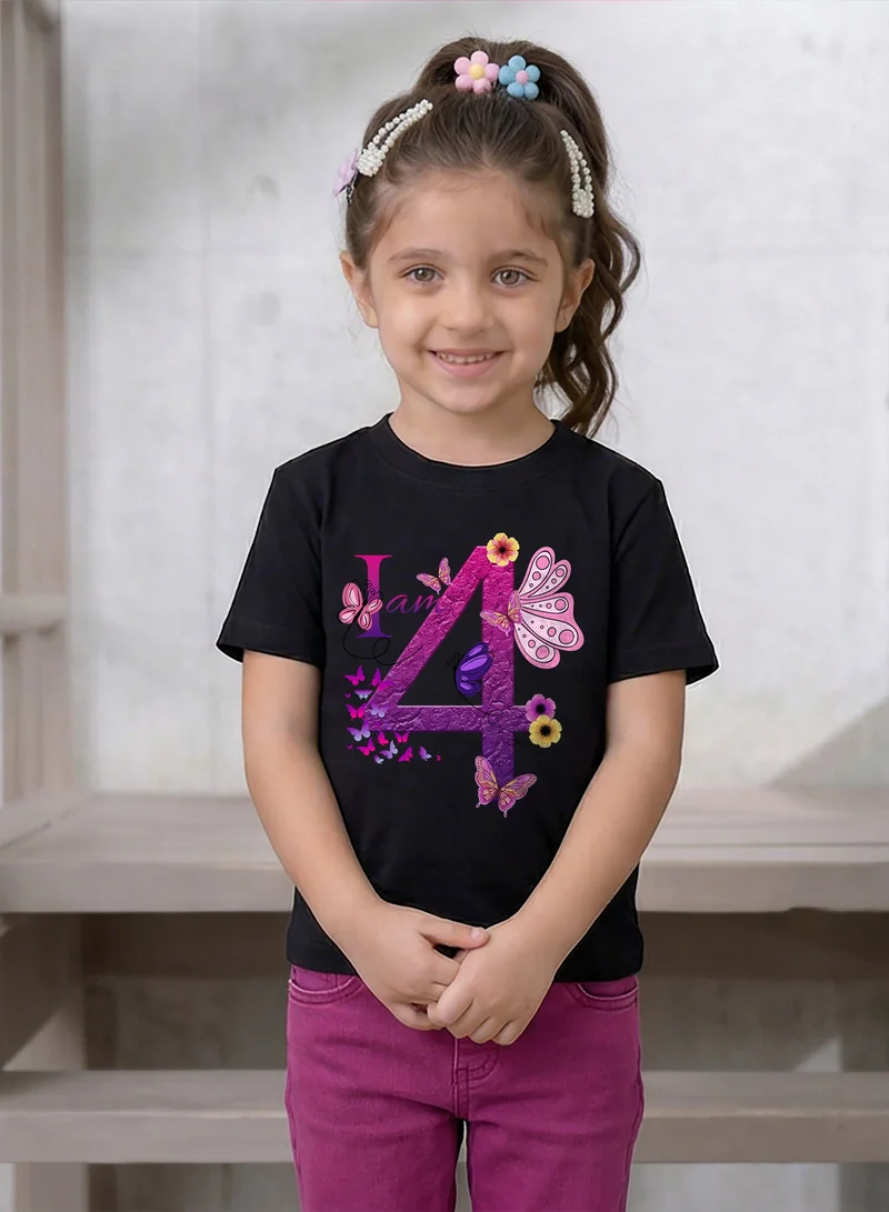 Funkaar Funkaar Birthday Girl, 4th Year Butterfly Birthday Graphic Print T-Shirt