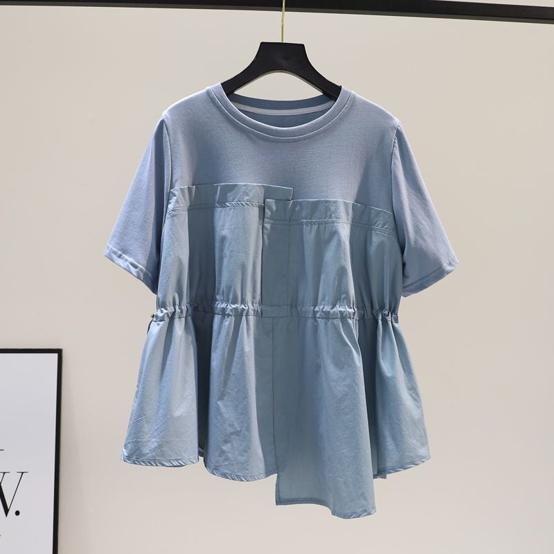 Round Neck T-Shirt Waist-Tight Stitching A- Line 22 Summer Drawstring Short Sleeve Top 20 Loose Irregular Shirt Women'S Shirt - Image 1