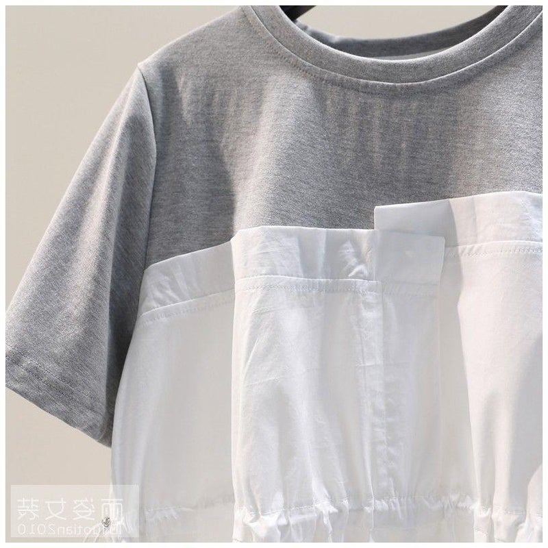 Round Neck T-Shirt Waist-Tight Stitching A- Line 22 Summer Drawstring Short Sleeve Top 20 Loose Irregular Shirt Women'S Shirt - Image 4