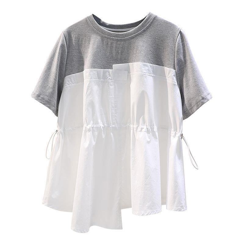 Round Neck T-Shirt Waist-Tight Stitching A- Line 22 Summer Drawstring Short Sleeve Top 20 Loose Irregular Shirt Women'S Shirt - Image 5