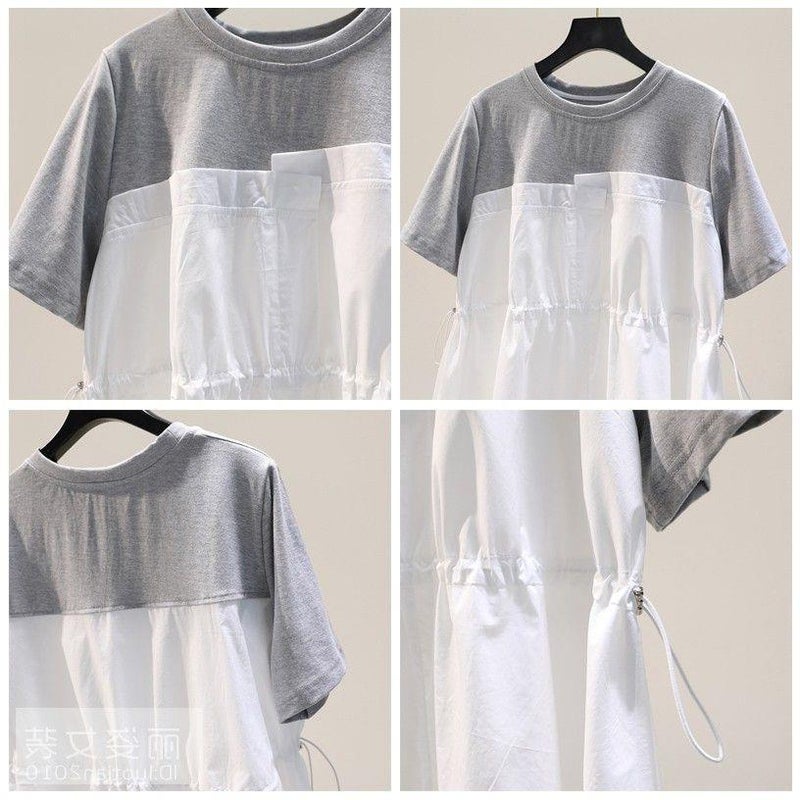 Round Neck T-Shirt Waist-Tight Stitching A- Line 22 Summer Drawstring Short Sleeve Top 20 Loose Irregular Shirt Women'S Shirt - Image 3