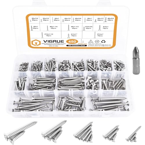 VIGRUE 450Pcs Stainless Steel Wood Screws Set #4#6#8#10#12 Phillips Flat Head Sheet Metal Screw Self Tapping Screws Assortment Kit, Length 1/4" to 2" - Image 1