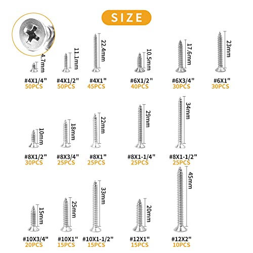 VIGRUE 450Pcs Stainless Steel Wood Screws Set #4#6#8#10#12 Phillips Flat Head Sheet Metal Screw Self Tapping Screws Assortment Kit, Length 1/4" to 2" - Image 2