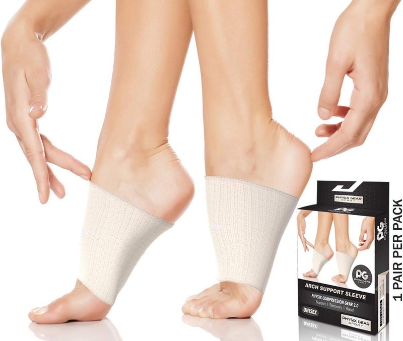 Physix Gear Sport Physix Gear Arch Support Bands for Foot discomfort comfort - Arch comfort Compression Bands, Arch Support Band for Plantar Fasciitis, Arch Compression Support, Arch Sleeves, Foot Arch, Beige, XL