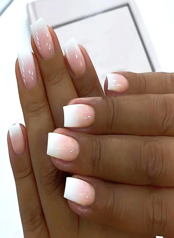 WAFOLOZE Nails Press ons, Square Press on Nails Medium Girls Fake Nails with Light Pink To White Ombre Design, Acrylic Artificial False Nails Press On Glue On Nails for Women - Image 1