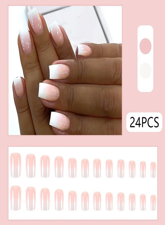 WAFOLOZE Nails Press ons, Square Press on Nails Medium Girls Fake Nails with Light Pink To White Ombre Design, Acrylic Artificial False Nails Press On Glue On Nails for Women - Image 2