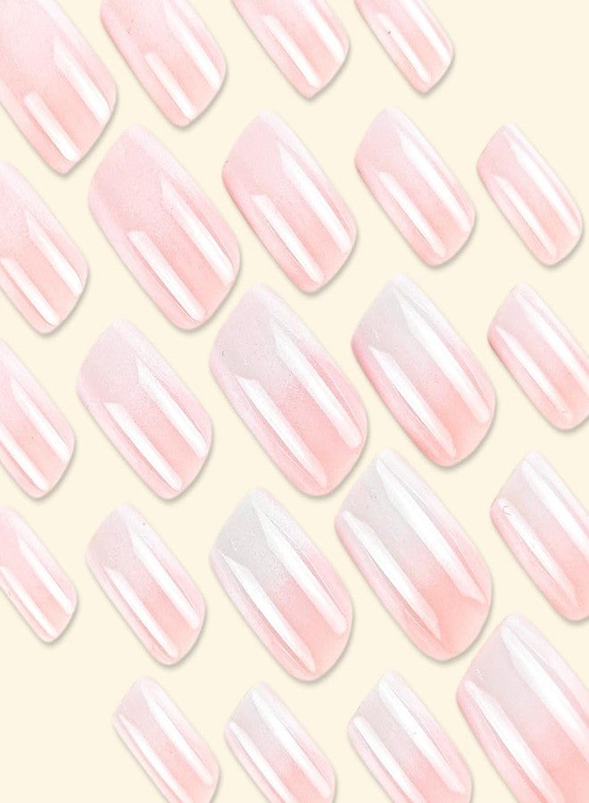 WAFOLOZE Nails Press ons, Square Press on Nails Medium Girls Fake Nails with Light Pink To White Ombre Design, Acrylic Artificial False Nails Press On Glue On Nails for Women - Image 3