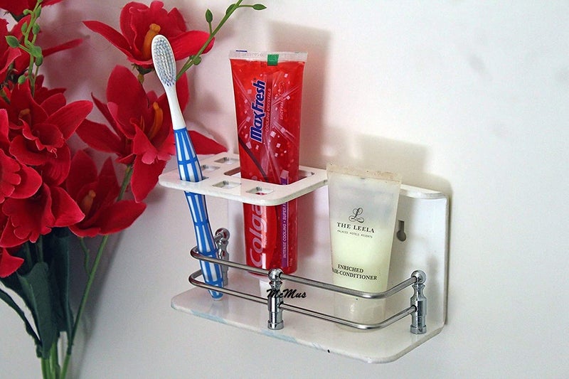 McMus Easy Stick On self Adhesive Wall Mount Acrylic and Stainless Steel Toothbrush Holder/Stand/Tumbler/Toothpaste Holder for Bathroom Stand Organizer Rack for Home (White) - Image 4