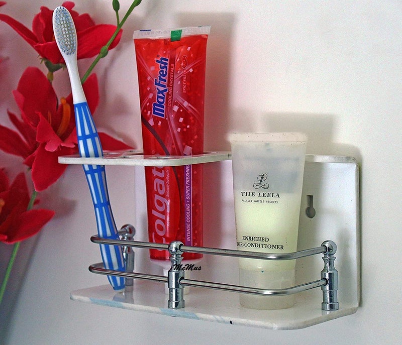 McMus Easy Stick On self Adhesive Wall Mount Acrylic and Stainless Steel Toothbrush Holder/Stand/Tumbler/Toothpaste Holder for Bathroom Stand Organizer Rack for Home (White) - Image 1
