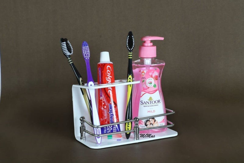 McMus Easy Stick On self Adhesive Wall Mount Acrylic and Stainless Steel Toothbrush Holder/Stand/Tumbler/Toothpaste Holder for Bathroom Stand Organizer Rack for Home (White) - Image 2