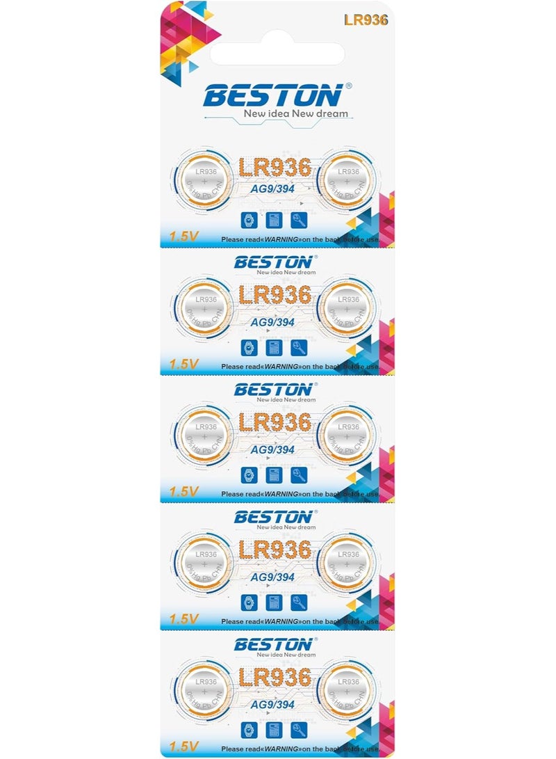 بيستون بطارية ليثيوم دائرية LR936 AG9/394 1.5 فولت، بطارية زر طويلة الأمد للساعات والآلات الحاسبة والألعاب والأجهزة الإلكترونية الصغيرة (عبوة من 10) - Image 1