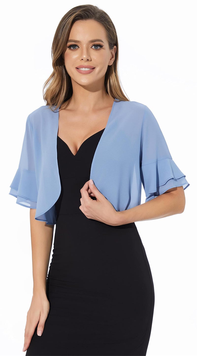 Sepsap Women Shrug Soft Chiffon Open Front Sheer 3/4 Sleeve Bolero Cardigan for Evening Dress(Dusty Blue,XL) - Image 5