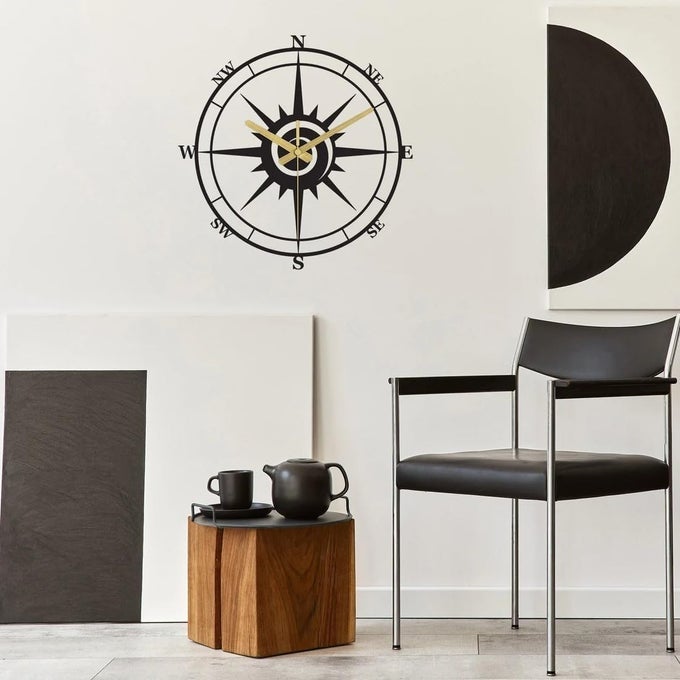 UNIQUE LATIN NUMERAL COMPASS METAL WALL CLOCK MODERN SILENT METAL WALL CLOCKCOMPASS HOME DECOR AND WALL ARTSHOUSEWARMING GIFT 50CM
