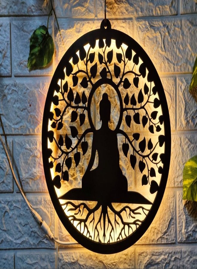 Wall Mitra Gautam Buddha MDF Wood Backlit Wall Art with White LED for Living Room - Buddha Wall Decor, Wall Art for Home Decorations(12x12) (Warm White) - Image 1