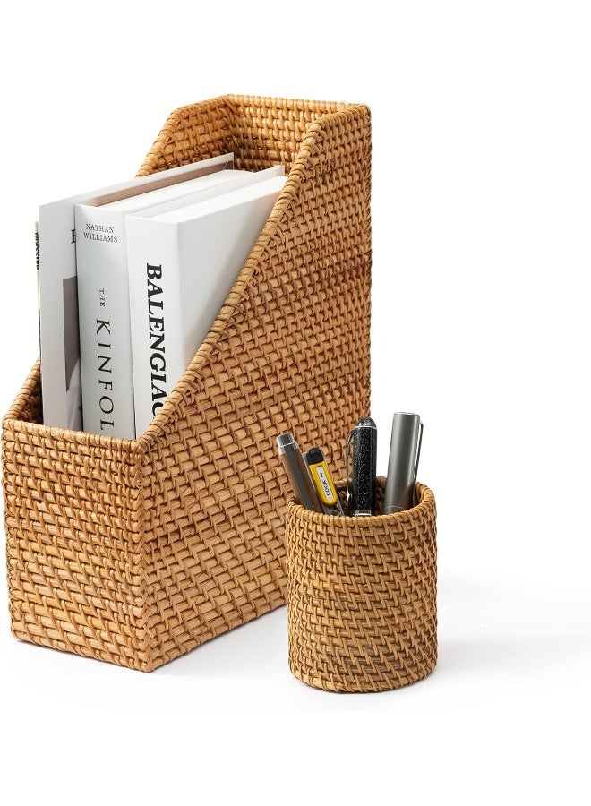 Modish Rattan Magazine & File Organizer - Beige Woven Desktop Storage Basket for Home Office - Image 1
