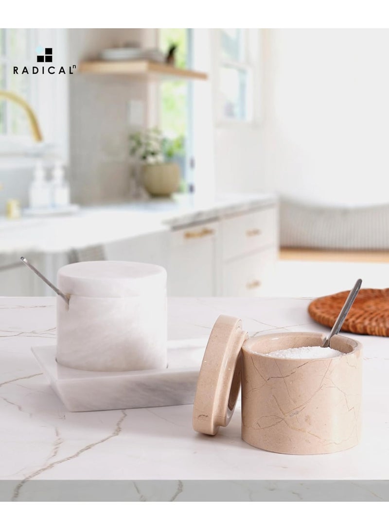 RADICALn White & Verona Marble Salt Cellar with Lid | 3" Set of 2 Spice & Sugar Jars for Kitchen Counter - Image 2