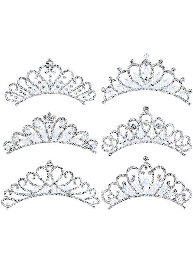 Cinaci Cinaci 6 Pieces Decorative Wedding Birthday Party Prom Princess Dazzling Pearl Rhinestone Silver Metal Tiara Crown Hair Side Combs Slides Hair Accessories for Kids Teens Girls Women - Image 1