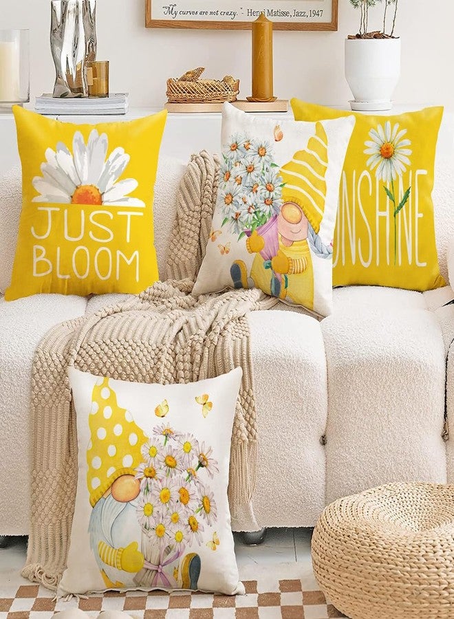 All Smiles Outdoor Yellow Throw Pillow Covers 18x18 Set of 4 Spring Summer Decorative Cushion Cases Home Décor Decorations for Patio Couch Chair Sofa,Daisy Floral Gnomes - Image 2