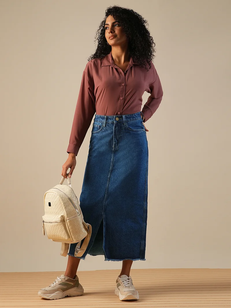 globus Women Mid-Rise Front Slit Fringed Hem Midi Straight Denim Skirt