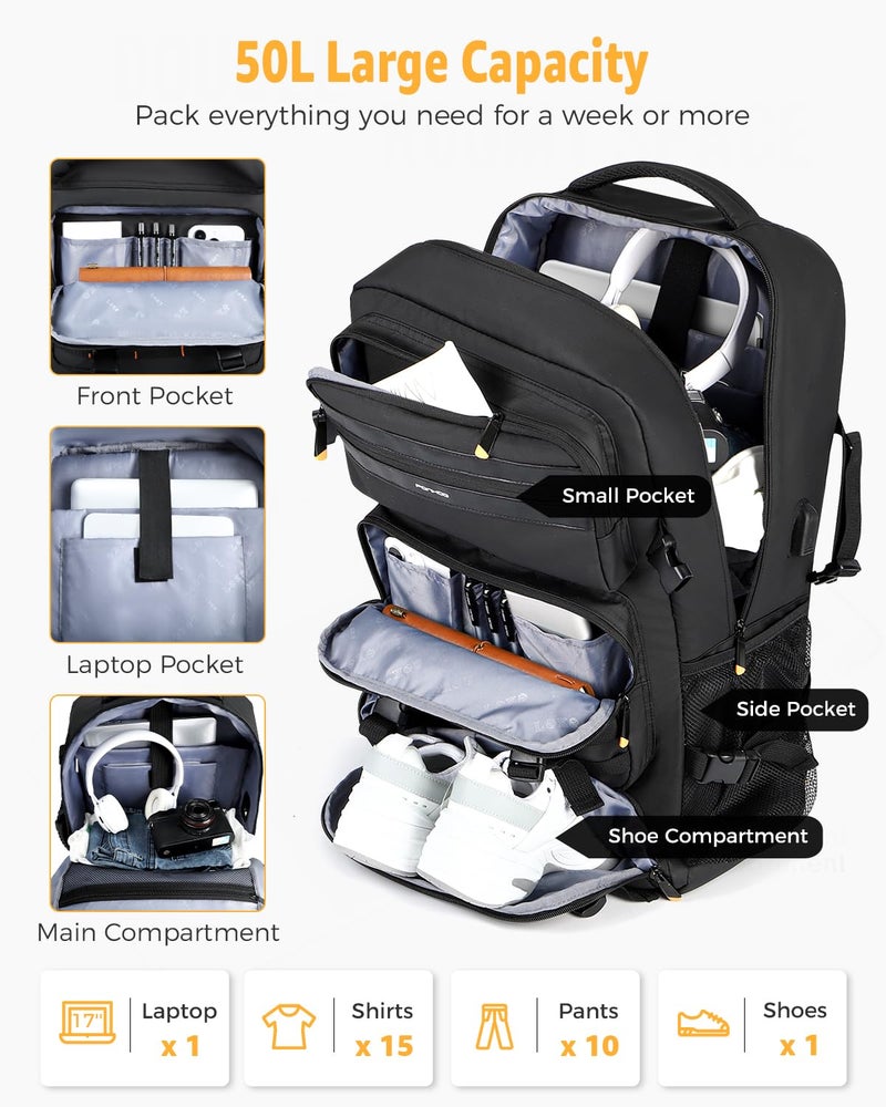 Ponhog Travel Backpack for Men, 50L Carry On Flight Approved Convertible Duffle Bag with Shoe Compartment, 17 inch Laptop Luggage with USB Charging Port for Weekender Hiking, Black - Image 2