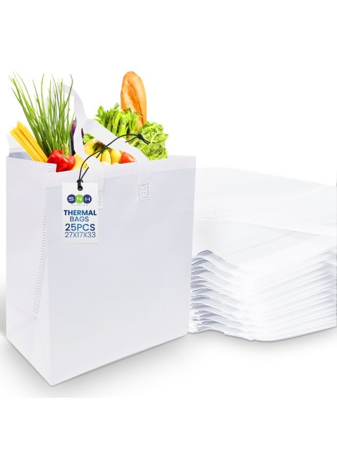 SNH Packing 25 Pack White Insulated Food Bags 27x17x33 cm | Thermal Bags for Hot & Cold Food, Grocery Shopping & Delivery | Reusable Thermal Bag for Frozen Food, Groceries & Takeaway - Image 1