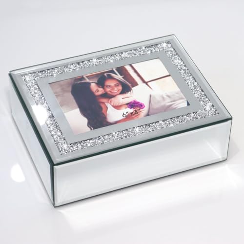 QMDECOR Crushed Diamond Mirrored Jewelry Box with Photograph 4x6 Inch on Top, Silver Glass Bling Jewelry Organizer Photo Picture Frame Storage Box for Gift - Image 1