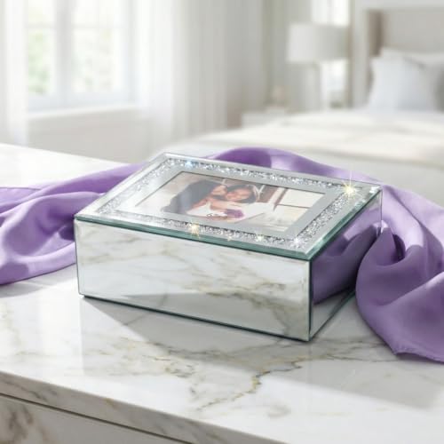 QMDECOR Crushed Diamond Mirrored Jewelry Box with Photograph 4x6 Inch on Top, Silver Glass Bling Jewelry Organizer Photo Picture Frame Storage Box for Gift - Image 3