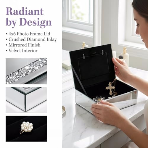 QMDECOR Crushed Diamond Mirrored Jewelry Box with Photograph 4x6 Inch on Top, Silver Glass Bling Jewelry Organizer Photo Picture Frame Storage Box for Gift - Image 5