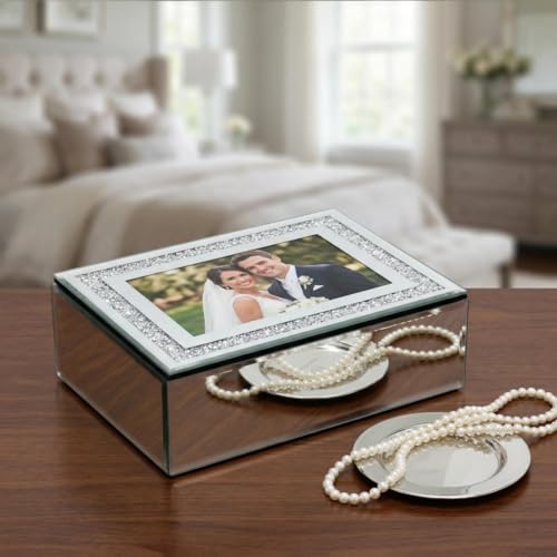 QMDECOR Crushed Diamond Mirrored Jewelry Box with Photograph 4x6 Inch on Top, Silver Glass Bling Jewelry Organizer Photo Picture Frame Storage Box for Gift - Image 4