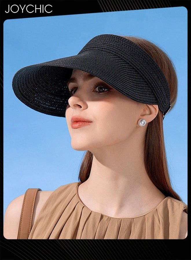 Joychic قبعة شمسية نسائية صيفية بتصميم كوري مع فتحة، قبعة قش قابلة للطي للسفر في الهواء الطلق مع حافة عريضة - Image 1