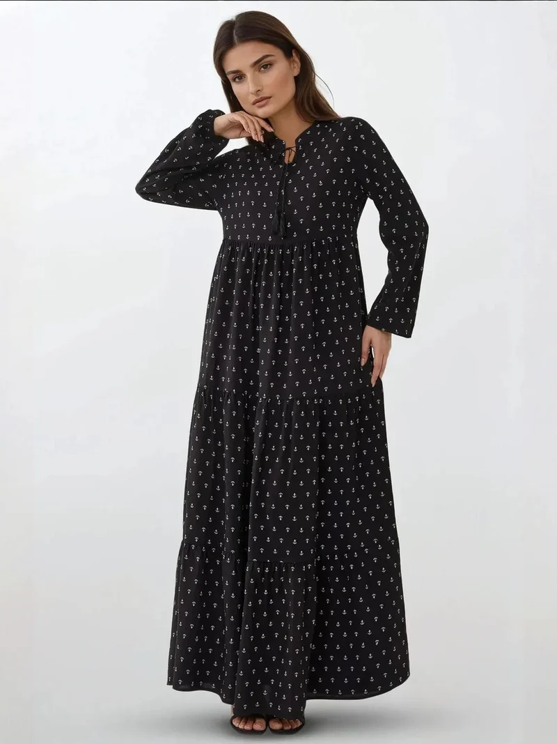 زوبعة فستان ماكسي طويل الأكمام من الفيسكوز مطبوع