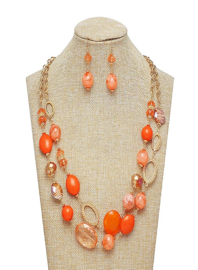 Coiris Women's Beaded 2 Layer Strand Statement Necklace with Earrings Collar Jewelry Set (N0003-Orange) - Image 2