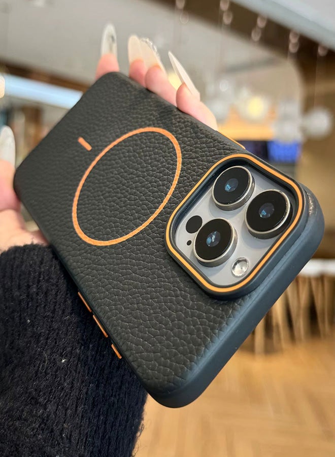 Magsafe Phone Case For iPhone 15 Pro Max With High Quality Rubber Frame And Slim Lychee Pattern Leather Case with Camera Lens Protection Shockproof Cover And support wireless Charging Leather Cover for iPhone 15 Pro Max - Black - Image 4