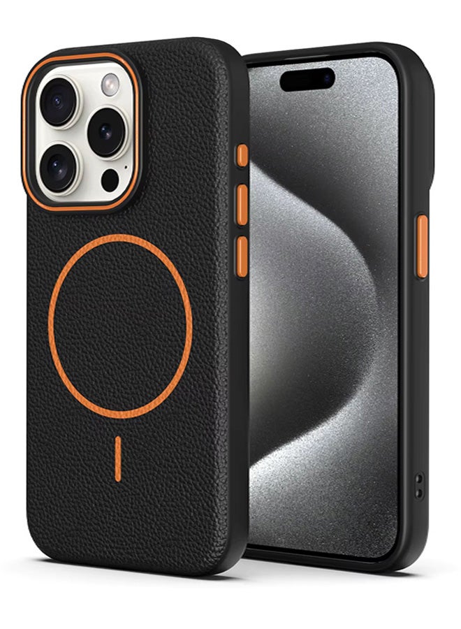 Magsafe Phone Case For iPhone 15 Pro Max With High Quality Rubber Frame And Slim Lychee Pattern Leather Case with Camera Lens Protection Shockproof Cover And support wireless Charging Leather Cover for iPhone 15 Pro Max - Black - Image 1