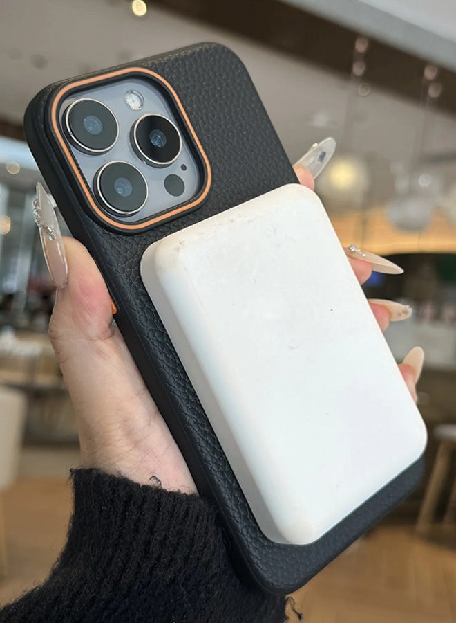 Magsafe Phone Case For iPhone 15 Pro Max With High Quality Rubber Frame And Slim Lychee Pattern Leather Case with Camera Lens Protection Shockproof Cover And support wireless Charging Leather Cover for iPhone 15 Pro Max - Black - Image 5