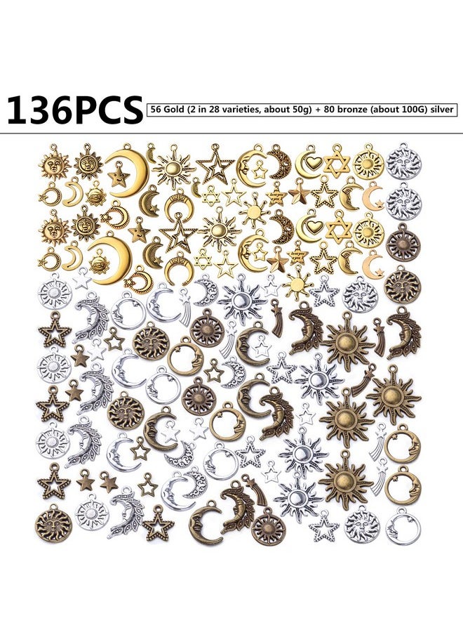 BronaGrand - 136Pcs Jewelry Charms Mixed Sun Star Moon Charms Pendants Celestial Pendant Charm Craft Supplies For Diy Earrings Necklace Bracelet Jewelry Making Findings Crafting Accessory - Image 1