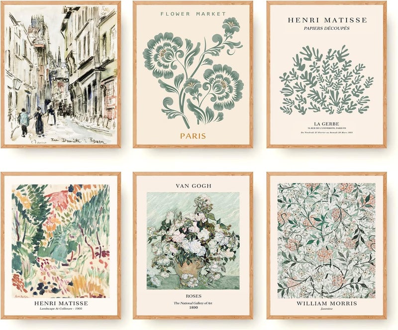 BPA Sage Green Matisse Wall Art Prints Set of 6 Canvas Vintage Eclectic Aesthetic Abstract Gallery Floral Van Gogh William Morris Flower Market for Bedroom Living Room Decor (11"x14" UNFRAMED) - Image 1
