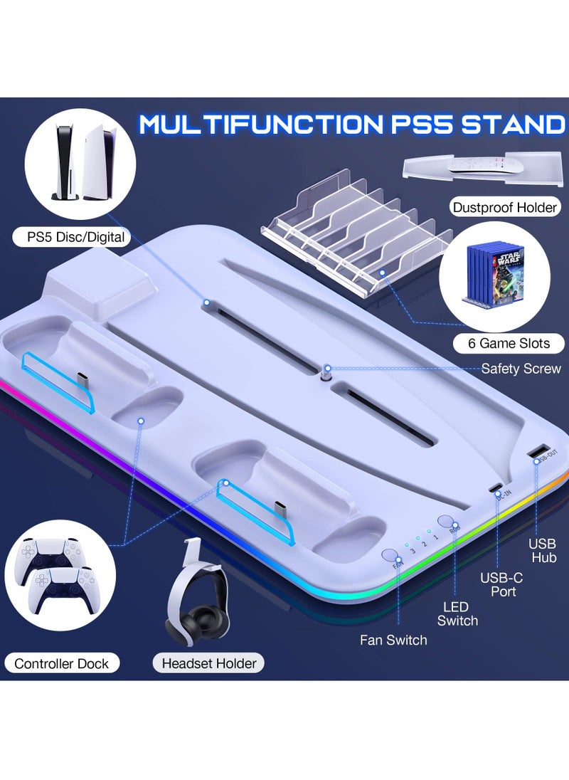Y&D SYOSI PS5 Cooling Stand, Stand with Fan, Dual Controller Charger Station, Headset Holder and 6 Game Slots for Console Disc&Digital Edition (White)  - Image 3