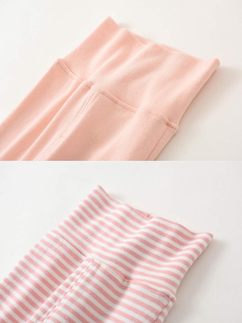 ACESTAR Newborn Infant Baby Boys Girls 3-Pack Cotton High Waist Footed Pants Casual Leggings with Feet 0-3 Months, Pink and Pink Stripe - Image 2