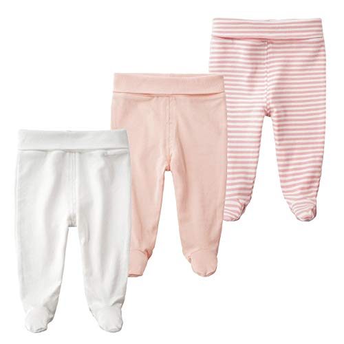 ACESTAR Newborn Infant Baby Boys Girls 3-Pack Cotton High Waist Footed Pants Casual Leggings with Feet 0-3 Months, Pink and Pink Stripe - Image 1
